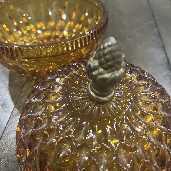 Vtg Indiana Glass Amber Candy Dish Fairy Lamp Metal Acorn Finial Mount Vernon - Picture 5 of 10